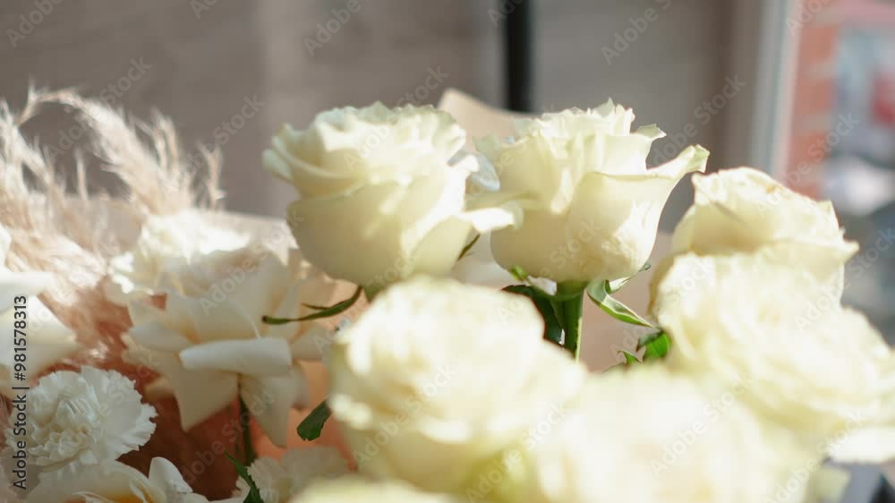A beautiful bouquet of white roses stands near the window of the house. A romantic gift for a girl on a holiday. Floristry