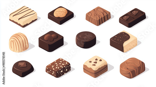 Various chocolates infused with custom flavors arranged neatly on a clean surface, sweet illustration art