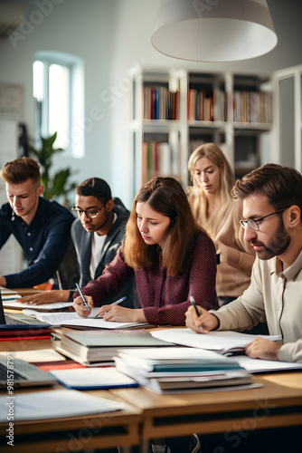 Multicultural Group of Engrossed Students Studying Together in a Library