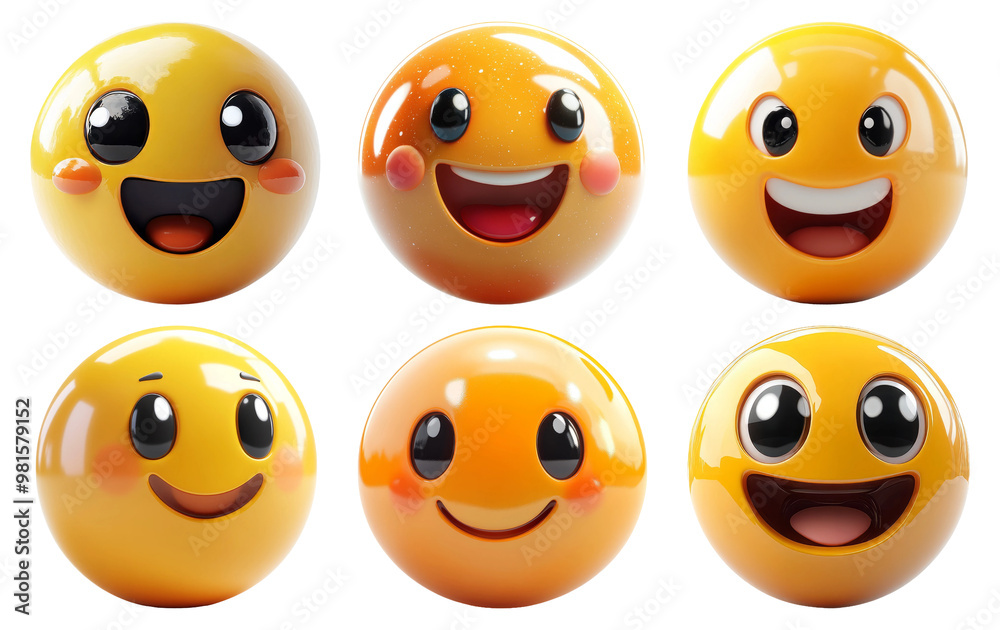 Set of 6 cartoon emoji faces isolated on transparent background Set of 6 cartoon emoji faces isolated on transparent background