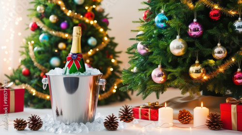 Bucket with champagne bottle filled with ice against background of Christmas tree and holiday decorations