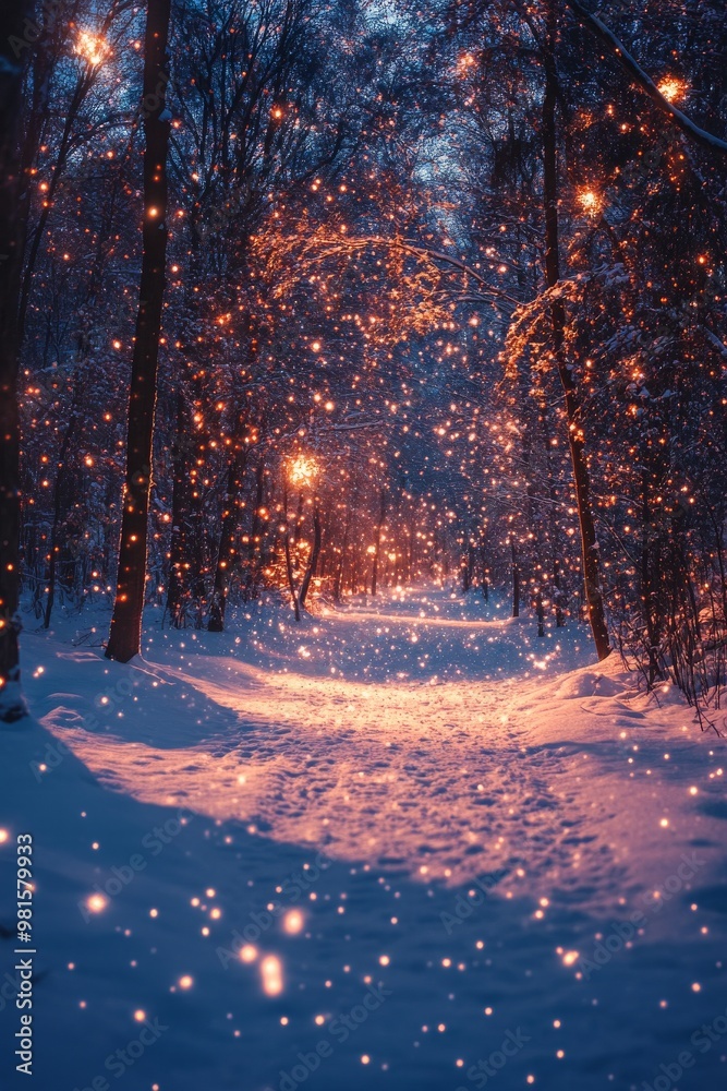 A serene winter pathway through snow-covered trees at sunset in a tranquil forest setting A serene winter pathway through snow-covered trees at sunset in a tranquil forest setting