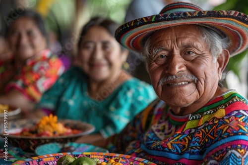 Elderly Man in Traditional Attire Enjoying a Meal with Family in a Rustic Kitchen