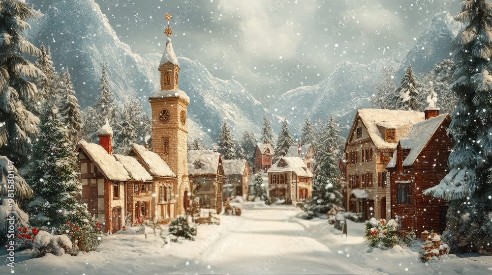 Snow-covered village with clock tower nestled in mountains during winter season Snow-covered village with clock tower nestled in mountains during winter season