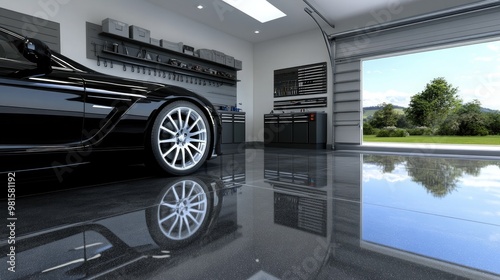 This contemporary garage features a shiny concrete floor reflecting a stylish car, with neatly arranged tools enhancing the professional ambiance of the space