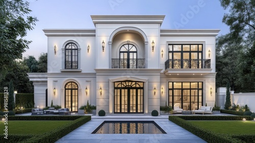 A stunning modern neoclassical villa features large windows, arched doors, and a pool surrounded by outdoor seating, set amidst lush greenery in Dubai's upscale area