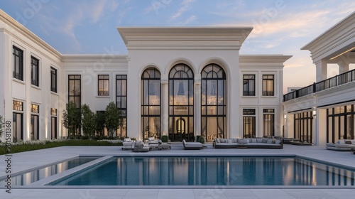 A stunning modern neoclassical villa features large windows, arched doors, and a pool surrounded by outdoor seating, set amidst lush greenery in Dubai's upscale area photo