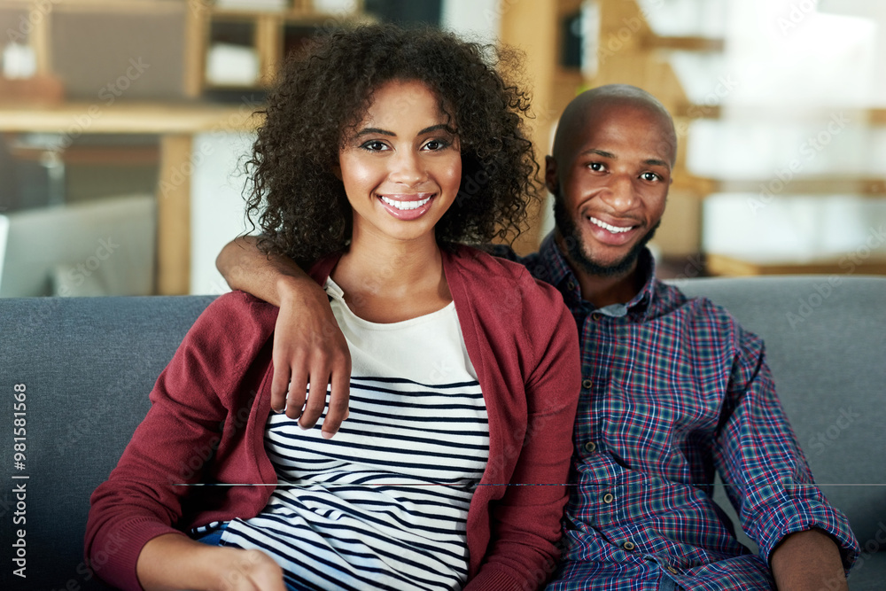 Portrait, happy couple and hug with relax, bonding or weekend for marriage in home. Woman, man and embrace in together on couch for comfort, support and love for romantic relationship in living room Portrait, happy couple and hug with relax, bonding or weekend for marriage in home. Woman, man and embrace in together on couch for comfort, support and love for romantic relationship in living room