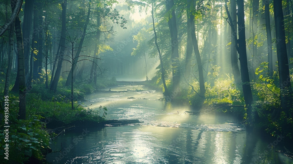 Obraz premium Tranquil sunlit forest with river, picturesque nature scenery and serene landscape view