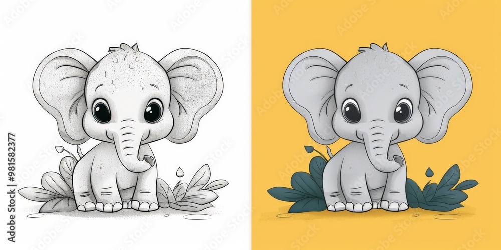 On the left, a black and white simple children's coloring book illustration featuring a Elephant with no shading, with a white background. On the right, the same illustration with color.