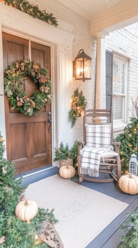 The front porch invites with its fall decorations, featuring a wreath of leaves, scattered pumpkins, and soft glows from lanterns, creating a welcoming autumn atmosphere