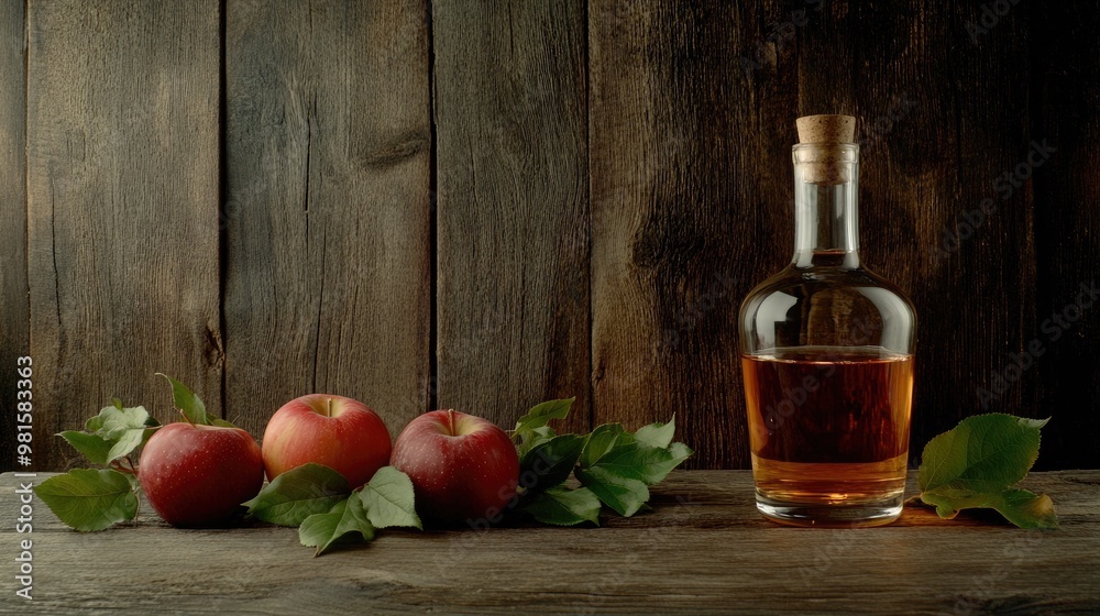 A glass bottle filled with apple brandy rests on a wooden table, surrounded by fresh red apples and green leaves, creating a vintage atmosphere. A glass bottle filled with apple brandy rests on a wooden table, surrounded by fresh red apples and green leaves, creating a vintage atmosphere.