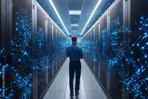 A professional assessing digital transformation systems in a modern data center focused on improving efficiency and upgrading PCs during a project evaluation