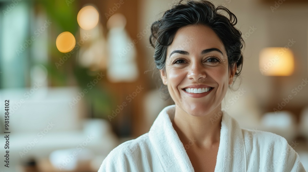 Georgeous cheerful middle aged hispanic woman wearing bathrobe at spa salon or hotel relax zone Georgeous cheerful middle aged hispanic woman wearing bathrobe at spa salon or hotel relax zone