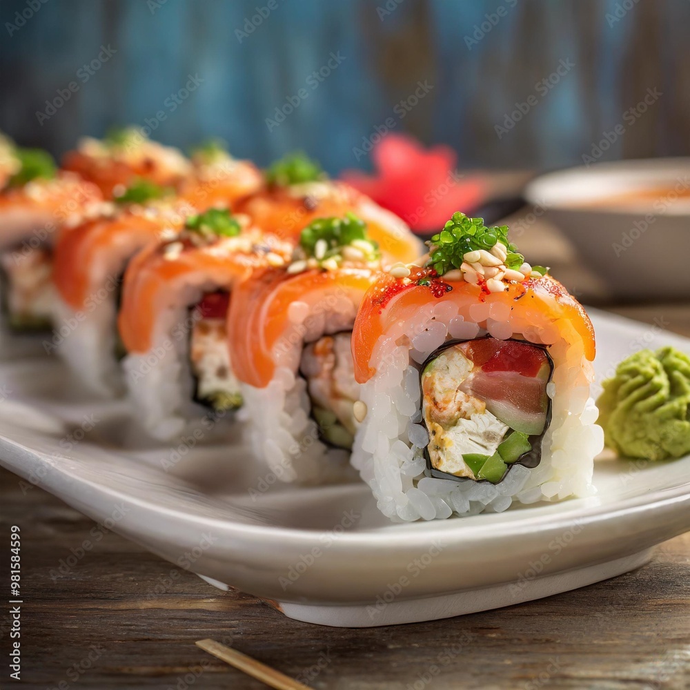 Fresh sushi rolls with depth of field showcasing vibrant seafood fillings and delicate rice Fresh sushi rolls with depth of field showcasing vibrant seafood fillings and delicate rice