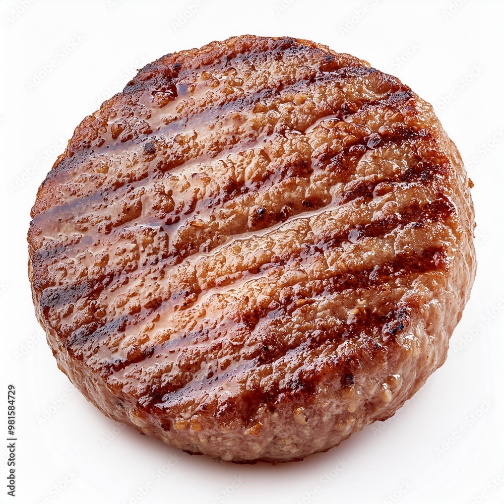 Cooked hamburger patty isolated on white background
