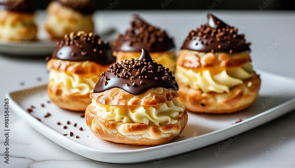 Several eclairs filled with white cream and covered with shiny chocolate, spread out on a white plate