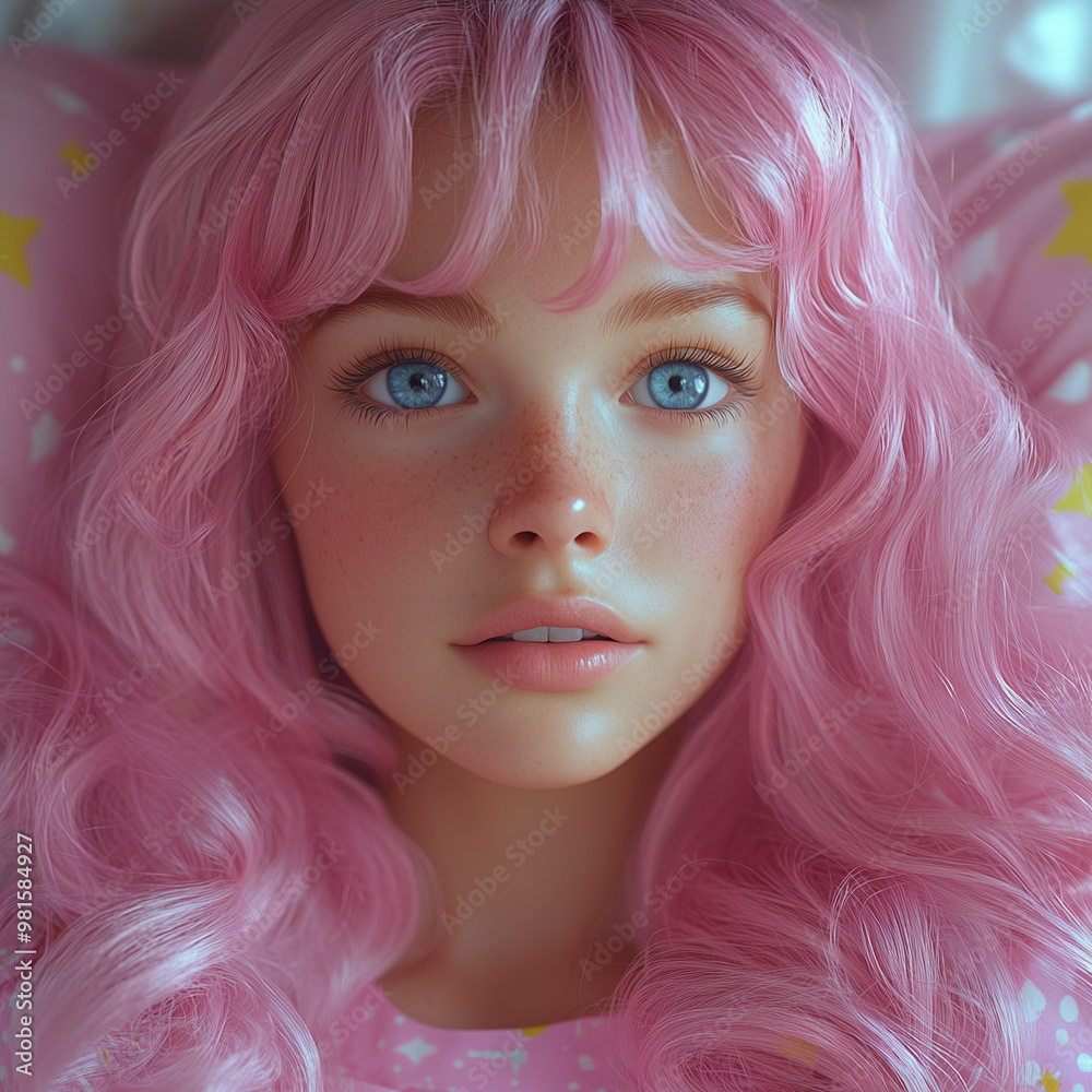 Ethereal portrait of a dreamy figure with bubblegum pink hair gazing softly against a pastel background Ethereal portrait of a dreamy figure with bubblegum pink hair gazing softly against a pastel background