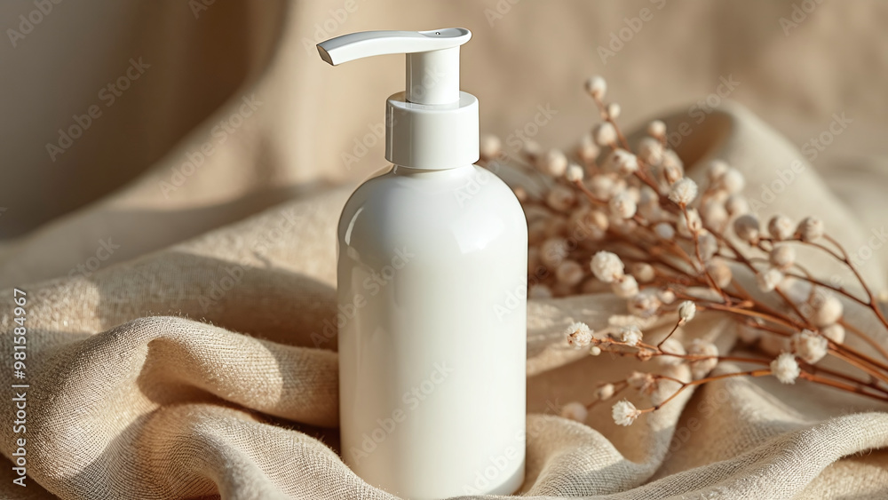 White Pump Bottle on Beige Fabric White Pump Bottle on Beige Fabric