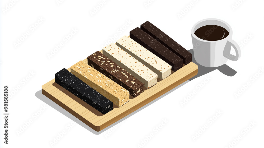 A collection of low-carb bars lined up neatly on a cutting board with a cup of coffee nearby, sweet illustration A collection of low-carb bars lined up neatly on a cutting board with a cup of coffee nearby, sweet illustration