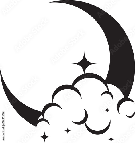 Vector logo a silhouette image of a crescent moon with stars