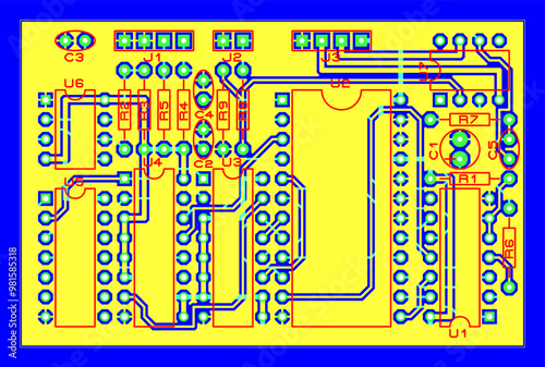Vector printed circuit board of electronic 
device with components of radio elements, 
conductors and contact pads placed on pcb. 
Engineering drawing. Electric background.
Computer technic cad design