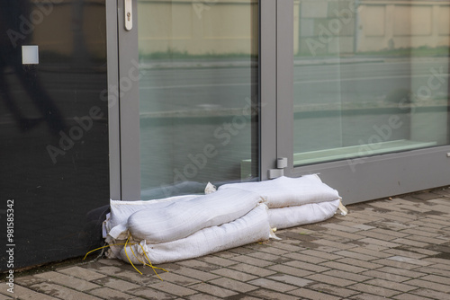 Sand bags in front of the  door in the house on riverbank of  Svratka, Brno, Czech republic, floods after storm Boris, September 15, 2024.