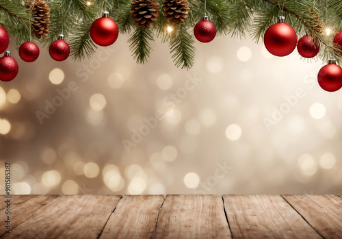 Christmas Themed Marketing Backdrop with Empty Rustic Wood Table, Ornaments and Pine Needles, with a Bokeh Lights Wallpaper Background