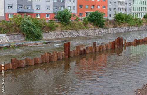 Flood wall in river basin of Svratka, Brno, Czech republic, floods after storm Boris, September 15, 2024.