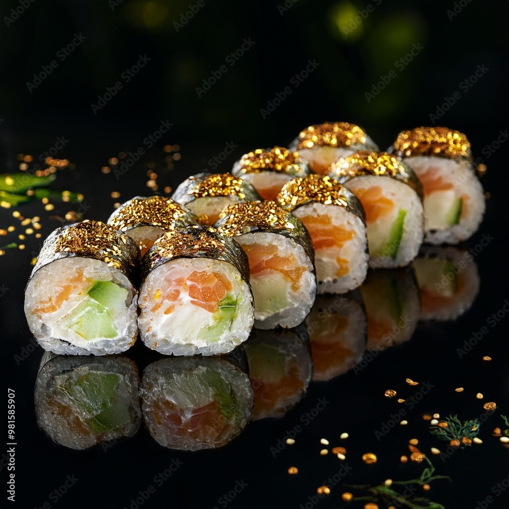 Exquisite Fusion Sushi Rolls with Edible Gold Leaf and Vibrant Garnishes Exquisite Fusion Sushi Rolls with Edible Gold Leaf and Vibrant Garnishes