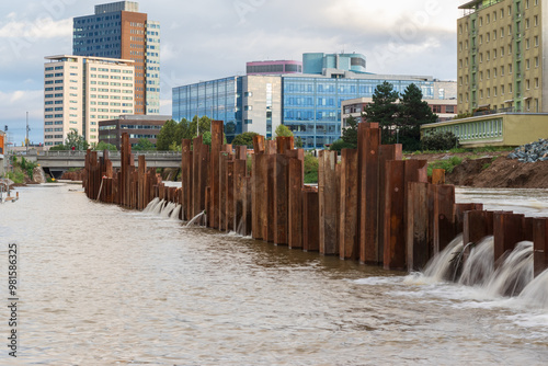 Flood wall in river basin of Svratka, Brno, Czech republic, floods after storm Boris, September 15, 2024.