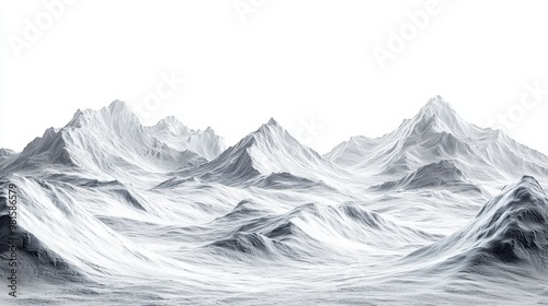 Expansive white snowy landscape, captured in a panoramic view with soft undulating hills covered in thick snow, leading to a distant mountain range, the snow glistening under the soft, diffused light photo