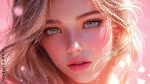 A captivating close-up of a young woman with luminous skin and a soft, expressive gaze, her hair styled elegantly and set against a warm pink backdrop, adding a touch of sophistication and charm to