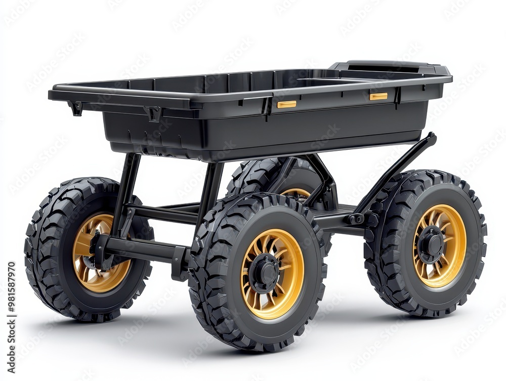 A sturdy black utility cart with gold wheels, perfect for gardening, hauling, or construction tasks, white background A sturdy black utility cart with gold wheels, perfect for gardening, hauling, or construction tasks, white background