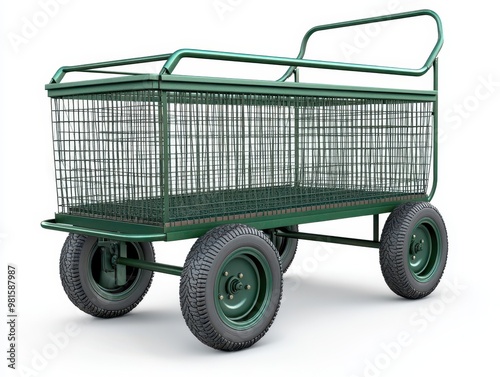 A sturdy green utility cart with wire mesh and four rubber wheels, ideal for transporting goods in gardens or warehouses, white background photo