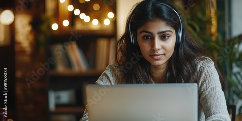 A Woman Working and Listening at Home with Headphones