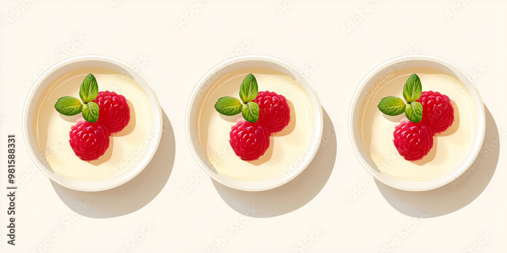 Three panna cotta desserts aligned in a row, no additional props or elements, sweet illustration Three panna cotta desserts aligned in a row, no additional props or elements, sweet illustration