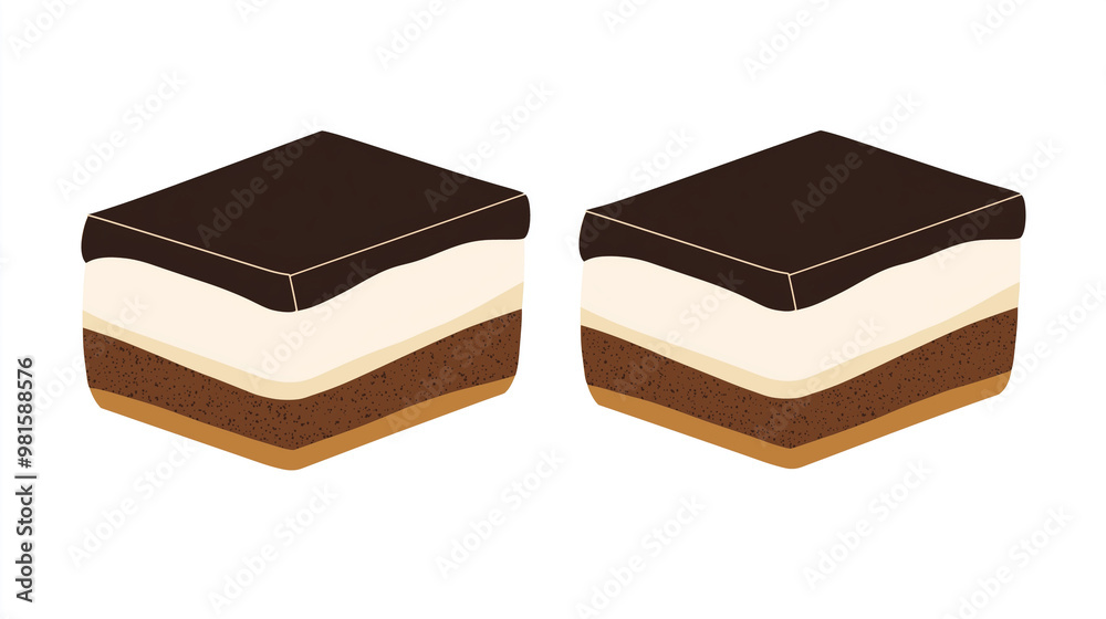Two tiramisu portions aligned in a straight row on a smooth surface, sweet illustration Two tiramisu portions aligned in a straight row on a smooth surface, sweet illustration