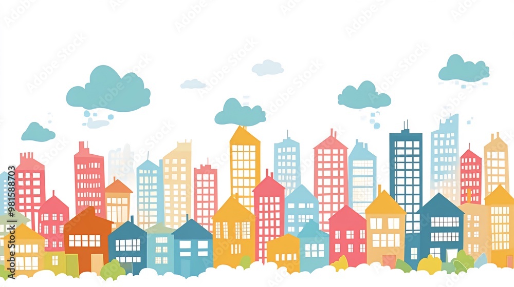 A colorful cityscape with stylized buildings and clouds. A colorful cityscape with stylized buildings and clouds.