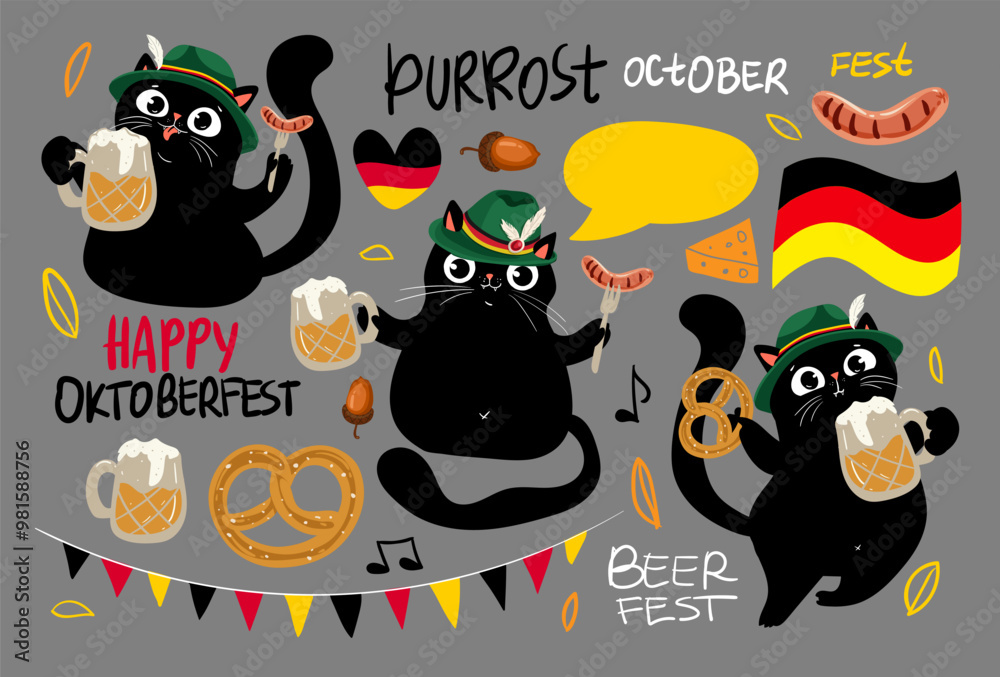 Fototapeta premium Set of funny black cats and hand drawn lettering for Oktoberfest Beer Festival, Set of Oktoberfest vector design elements. Perfect for stickers, bagdes and other. Vector EPS 10
