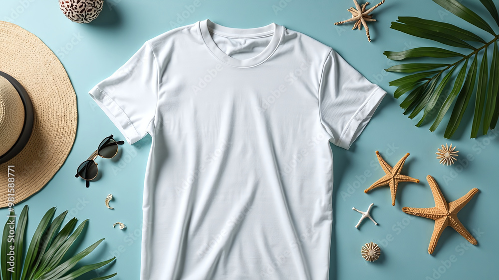 Beach-Themed White T-Shirt Mockup