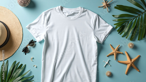 Obraz na płótnie Beach-Themed White T-Shirt Mockup w salonie