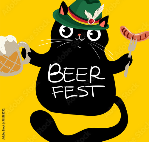 Cute black cat in bavarian style, beer fest lettering. Perfect logo to Octoberfest in Munich, Germany.