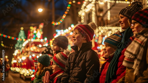 Families watching a Christmas parade with floats decorated with lights, marching bands, and festive performers, with excited children holding candy canes. Christmas and New Year traditions