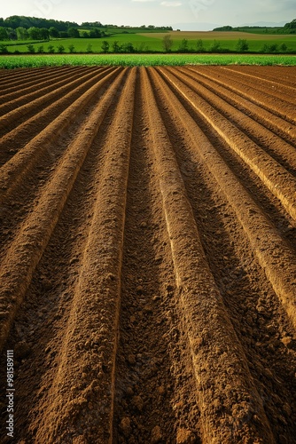 Plowed farmland with neat soil rows under a bright sky, highlighting summer agricultural practices