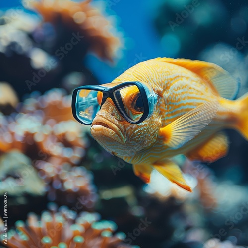 An orange fish swims through colorful coral formations, curiously inspecting the marine environment while sporting oversized goggles that give it a whimsical appearance, capturing underwater beauty. photo