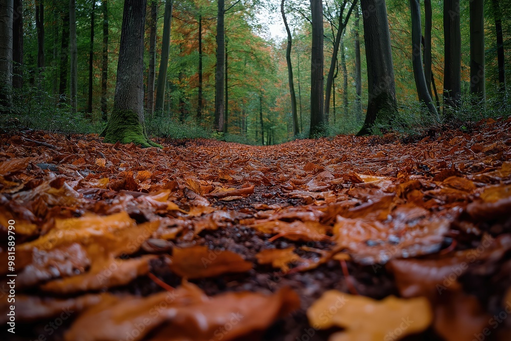 A tranquil forest path covered with autumn leaves in a serene woodland area on a cloudy day A tranquil forest path covered with autumn leaves in a serene woodland area on a cloudy day