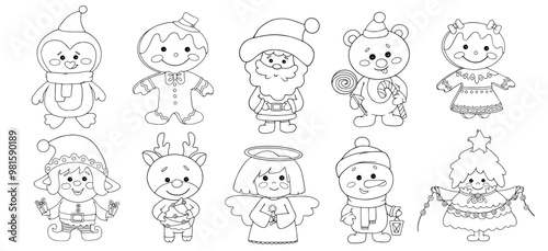 Set of line sketches, outlines, coloring pages of cute Christmas characters. Vector graphics.