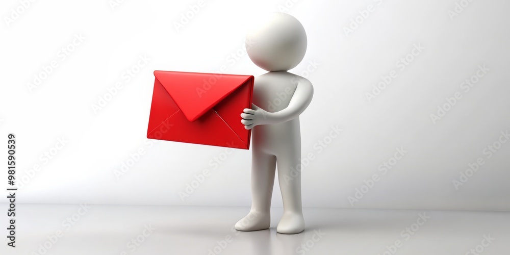 3D Render of White Figure Holding Red Envelope, 3D render, envelope, communication , email 3D Render of White Figure Holding Red Envelope, 3D render, envelope, communication , email
