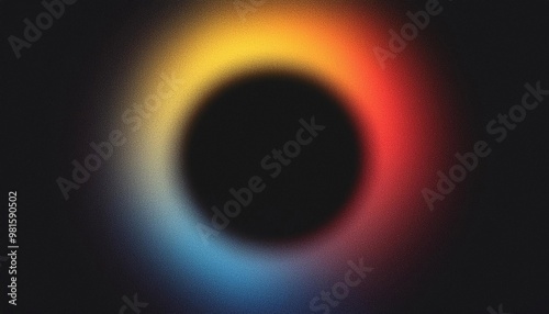 abstract grainy gradient yellow blue red color glowing ring noise texture on black backgrounf